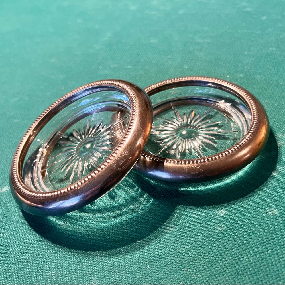 Set of 2 vintage “Leonard” silver plate glass coasters, 4”diam., made in Italy